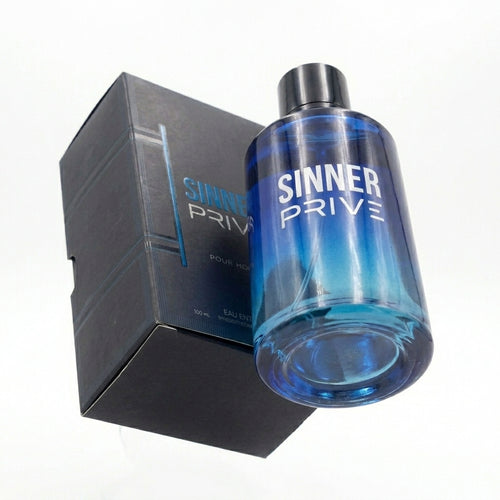 Perfume Sinner Privé inspirado en Blue Seduction, frasco azul degradado con atomizador, hecho en México