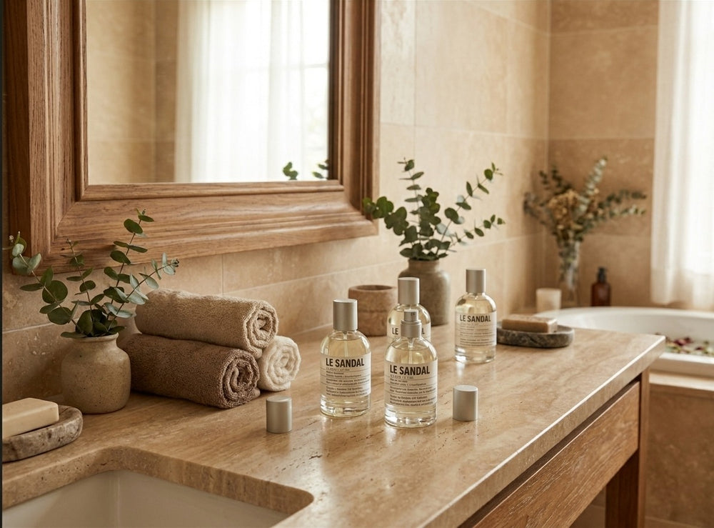 Perfumes Le Sandal de Arvalio en un baño de travertino con toallas y eucalipto